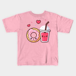 Kawaii Donut and Strawberry Drink with Hearts | Cute Food Art in Kawaii Style Kids T-Shirt